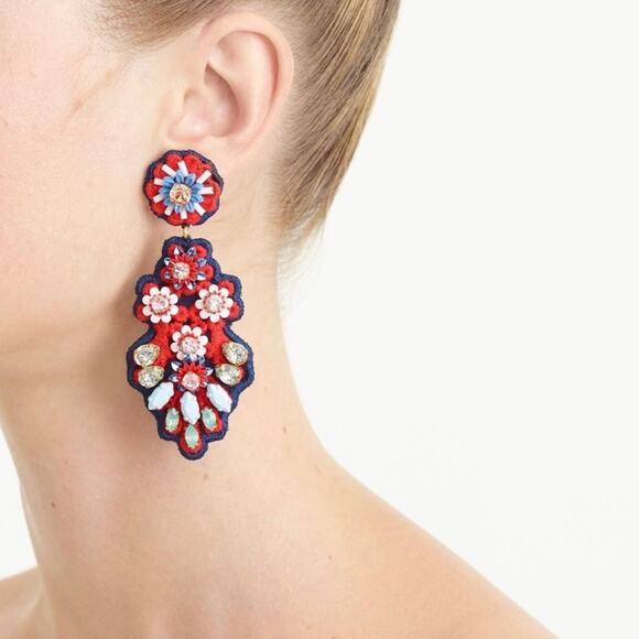 J Crew Chandelier Earring Oversized Red Blue Embroidered Big Beaded Jeweled - Picture 10 of 10